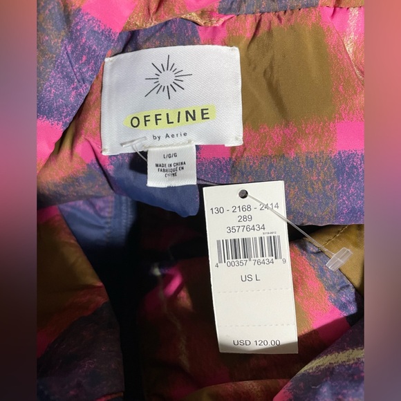 Offline By Aerie PullOn Puffer Jacket Qtr Zip Hood Pocket Pink/Blue Plaid L NWT - Picture 3 of 6